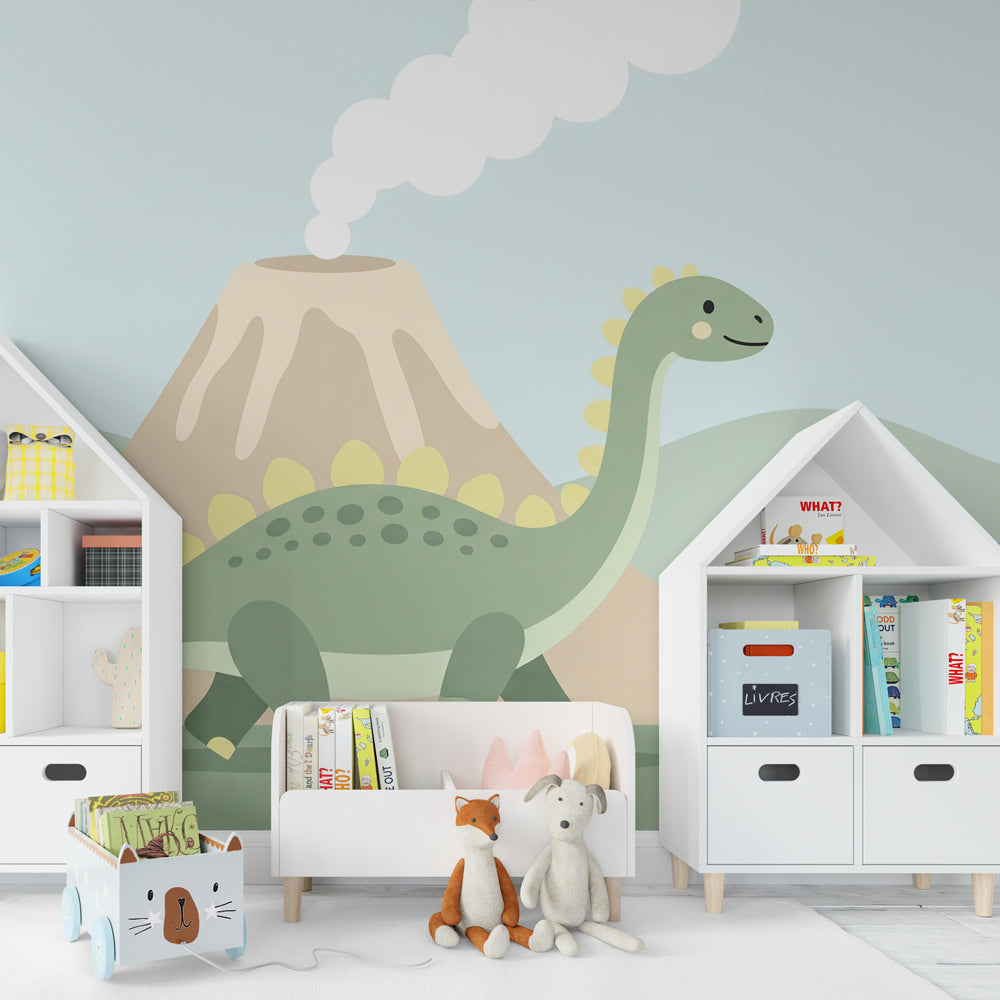 Friendly dinosaur mural wallpaper installed in colorful children's playroom by Kids-Mundo