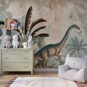 Multicolored dinosaur jungle mural wallpaper installed in bright children's playroom