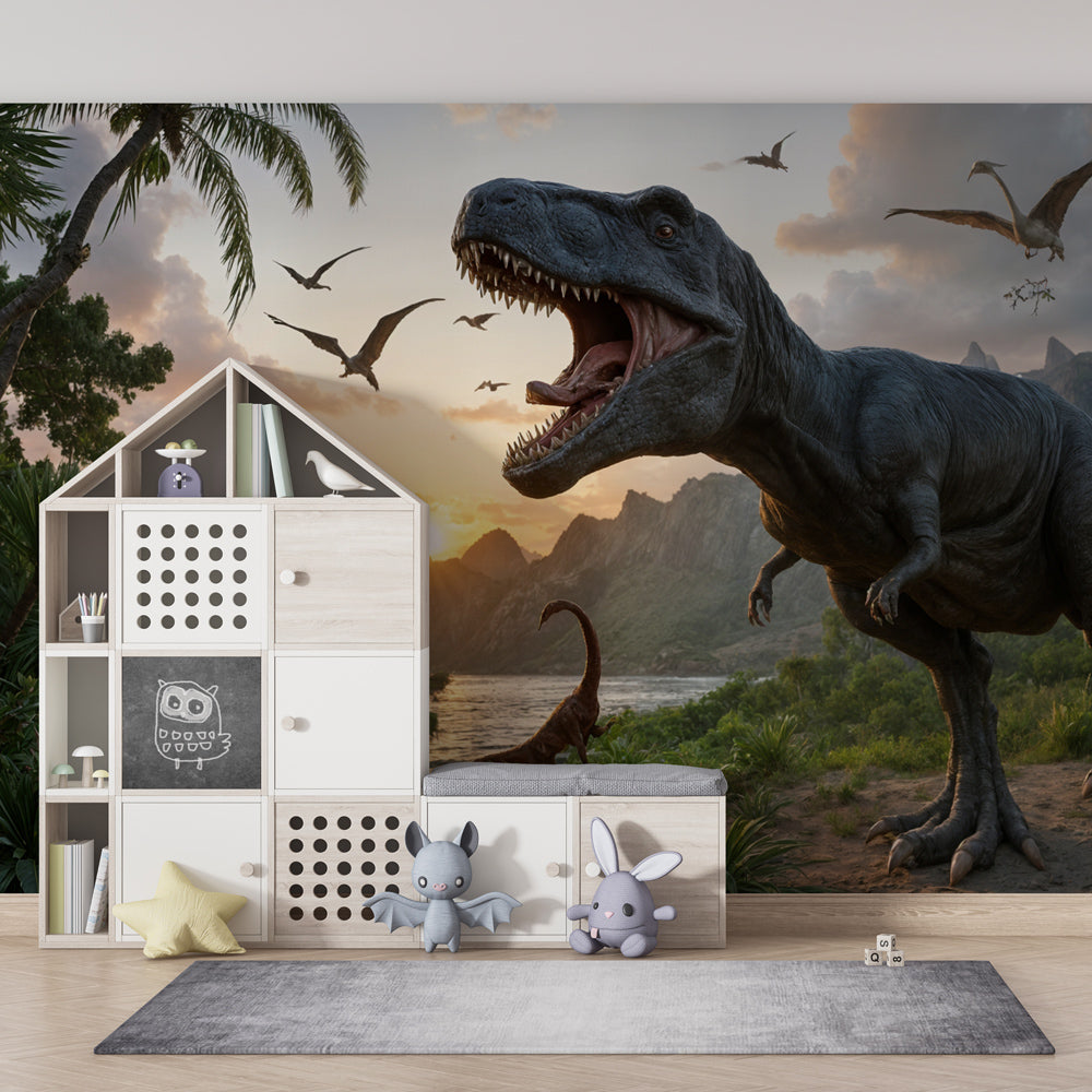 Jurassic dinosaur mural wallpaper transforming kids playroom with volcanic landscape and ancient creatures