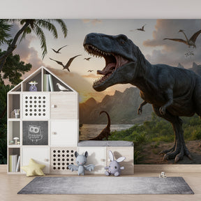 Jurassic dinosaur mural wallpaper transforming kids playroom with volcanic landscape and ancient creatures
