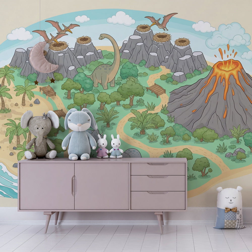 Vibrant dinosaur mural wallpaper with volcano creating educational playroom environment