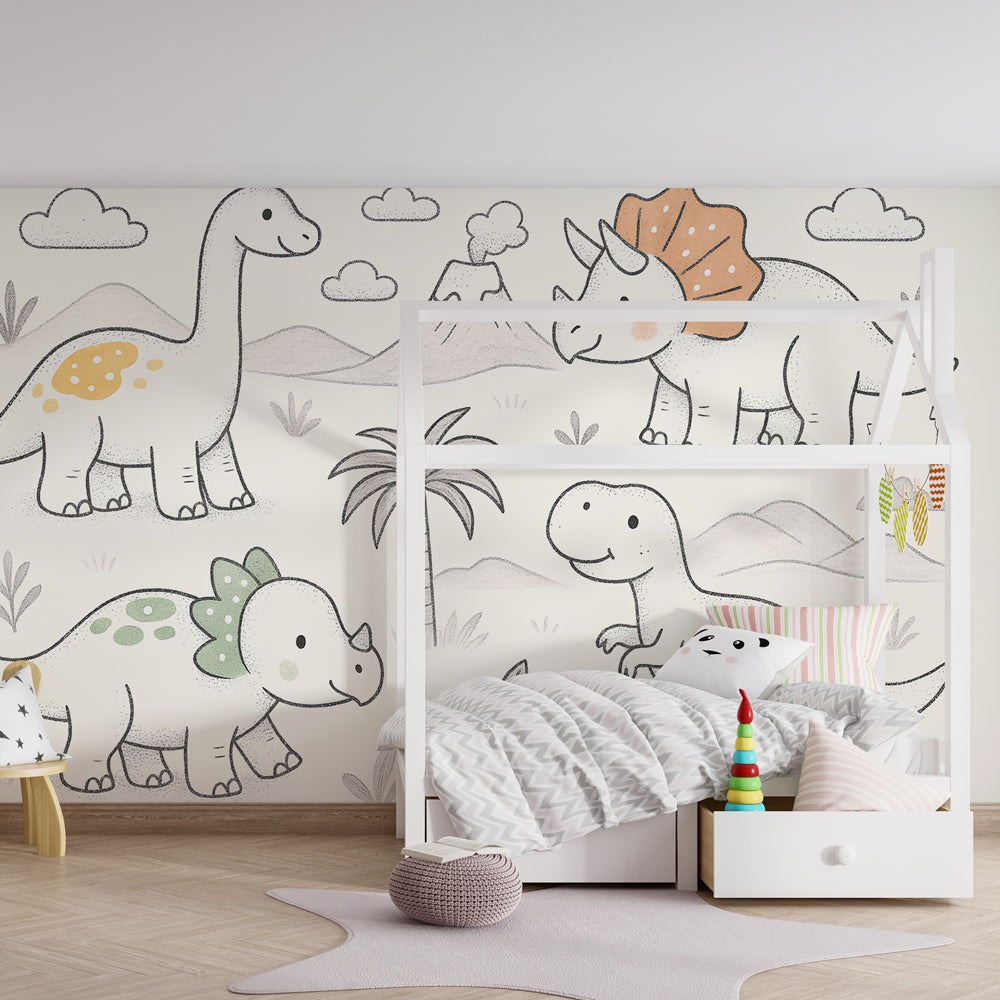 Colorful dinosaur mural wallpaper featuring friendly prehistoric creatures in kids playroom