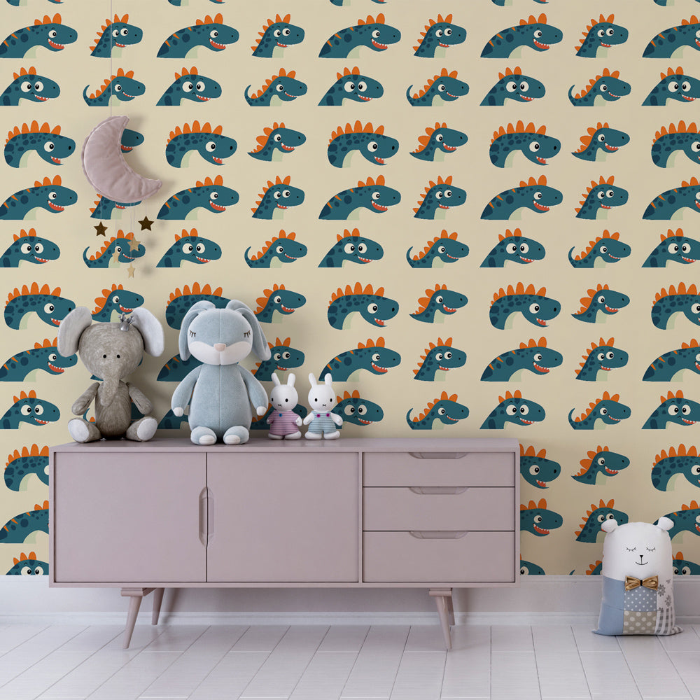 Fun dinosaur wallpaper creating playful nursery atmosphere with smiling prehistoric creatures