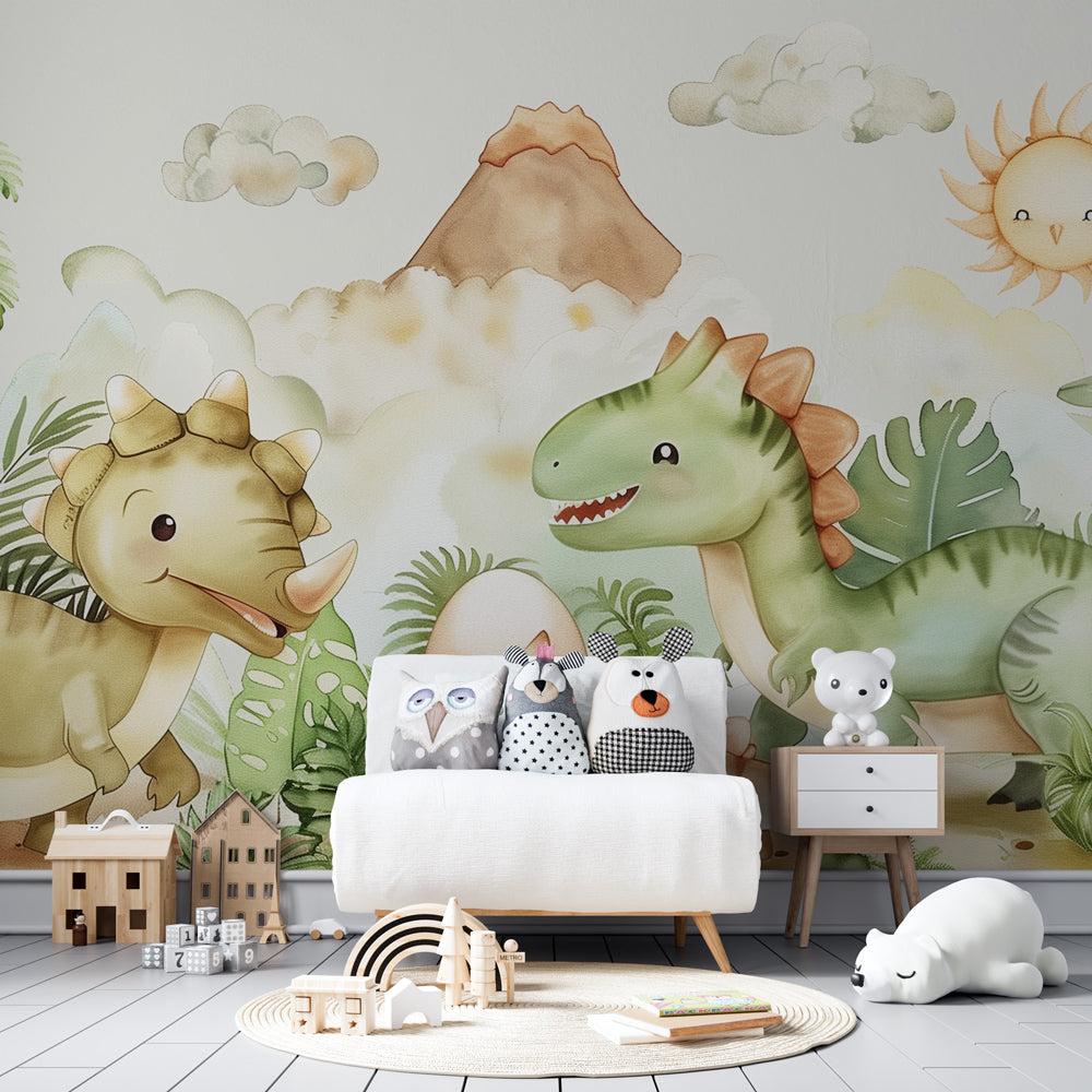 Prehistoric jungle dinosaur wallpaper transforming children's playroom into adventure zone