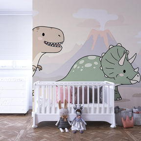 Adventure-themed dinosaur mural wallpaper transforming kids playroom with volcanic landscape backdrop