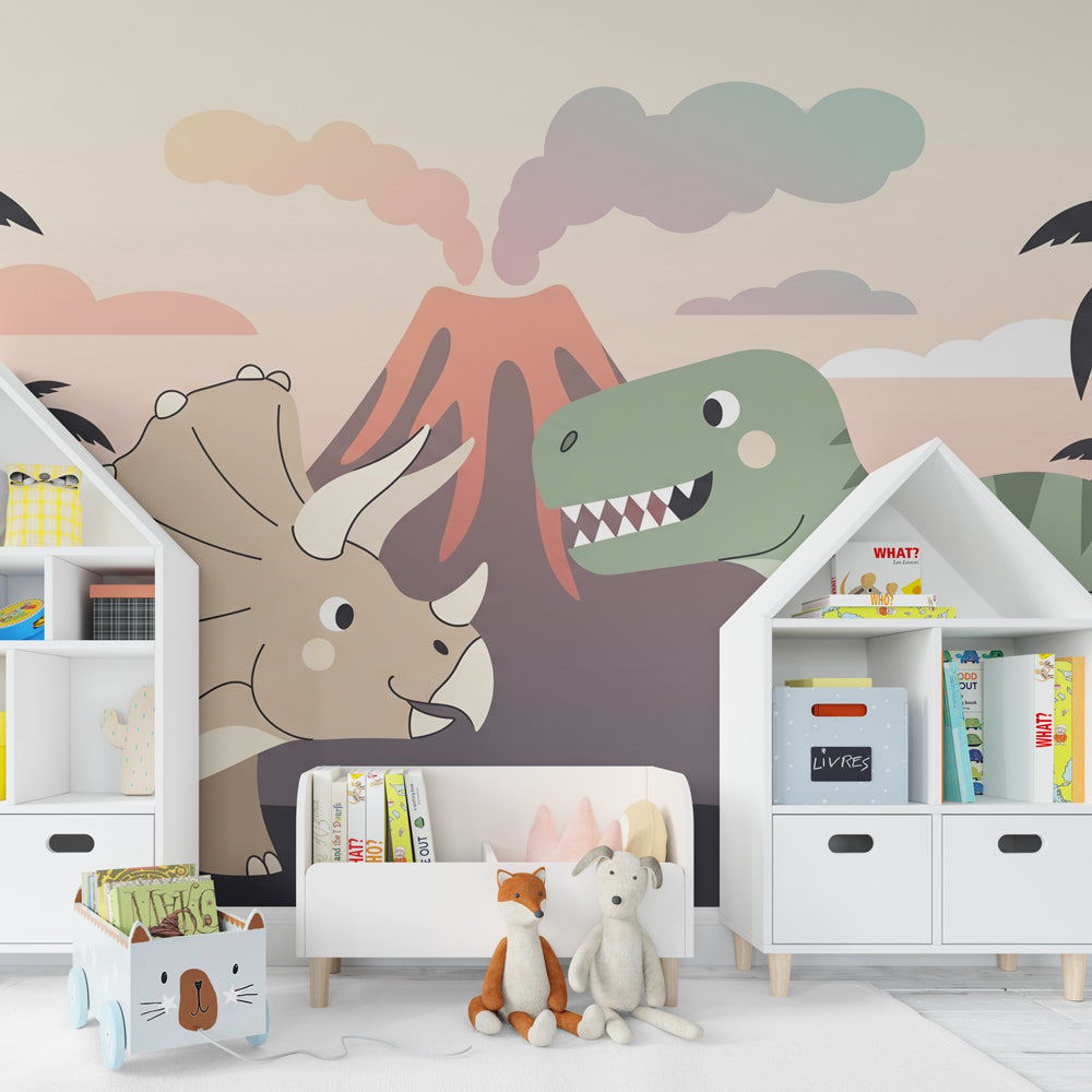 Tropical dinosaur mural wallpaper with volcano backdrop in colorful kids playroom by Kids-Mundo