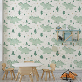 Dinosaur themed mural wallpaper with pine trees in cozy kids playroom space