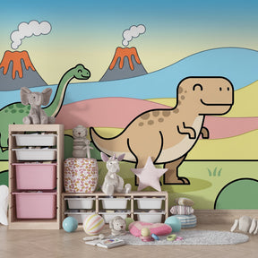 Vibrant dinosaur mural wallpaper transforming kids playroom with prehistoric landscape and volcanoes