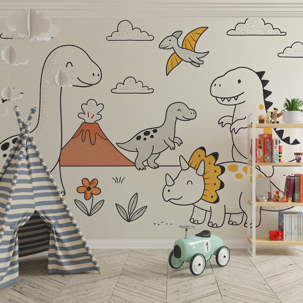Dinosaur adventure mural wallpaper transforming kids playroom into prehistoric paradise by Kids-Mundo
