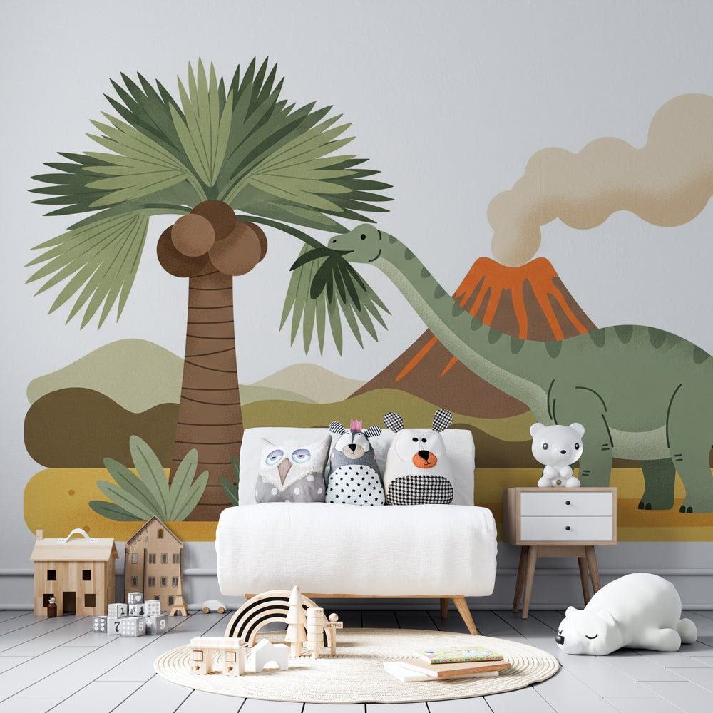 Friendly dinosaur mural wallpaper transforming children's playroom into prehistoric world
