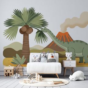 Friendly dinosaur mural wallpaper transforming children's playroom into prehistoric world