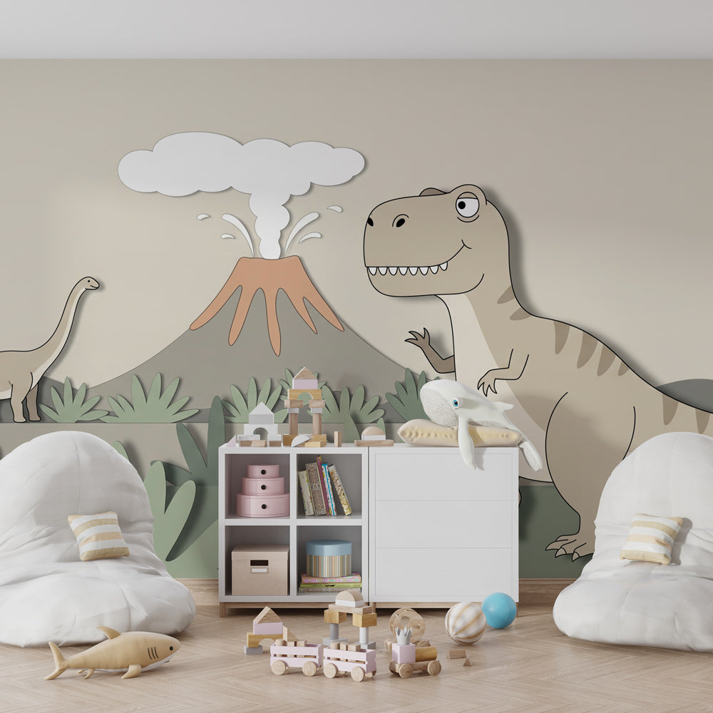 T-Rex and Diplodocus wallpaper transforming kids playroom into prehistoric wonderland