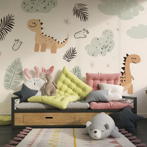Minimalist dinosaur mural wallpaper in bright kids playroom with educational toys