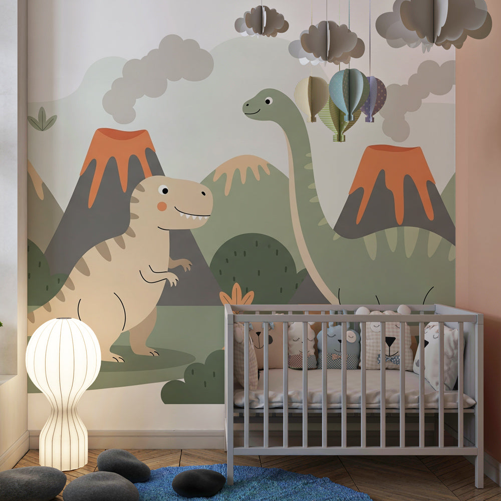 Colorful dinosaur and volcano mural wallpaper transforming kids playroom into prehistoric world