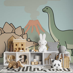 Prehistoric dinosaur wallpaper creating educational playroom decor with volcano backdrop