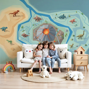 Dinosaur mural wallpaper with T-Rex and prehistoric landscape in modern kids bedroom by Kids-Mundo