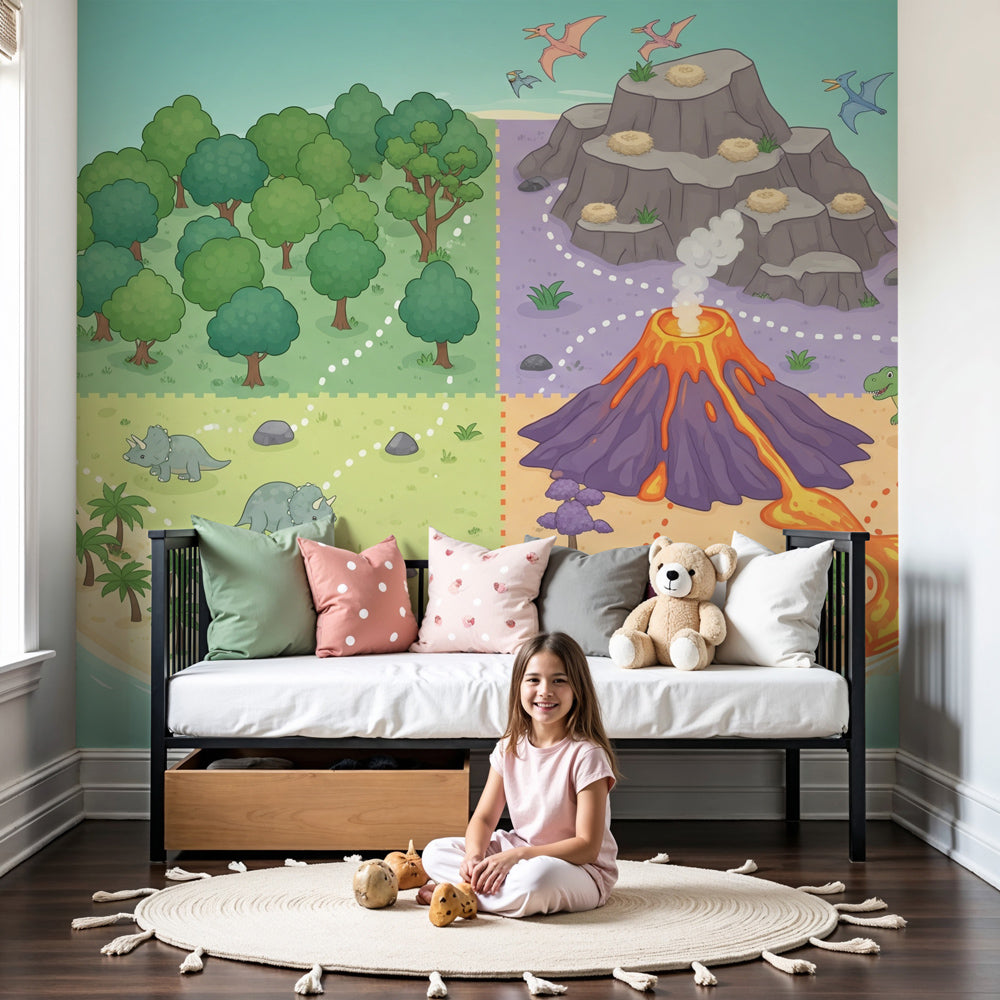 Dinosaur mural wallpaper creating prehistoric adventure in modern kids bedroom by Kids-Mundo