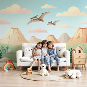 Pterosaur dinosaur mural wallpaper in modern children's nursery with natural wood furniture by Kids-Mundo