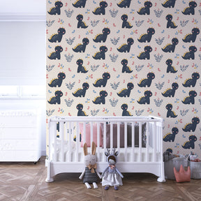 Botanical dinosaur mural wallpaper transforming children's room into prehistoric adventure space