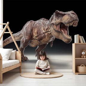 Realistic T-Rex dinosaur mural wallpaper creating prehistoric adventure atmosphere in kids bedroom by Kids-Mundo