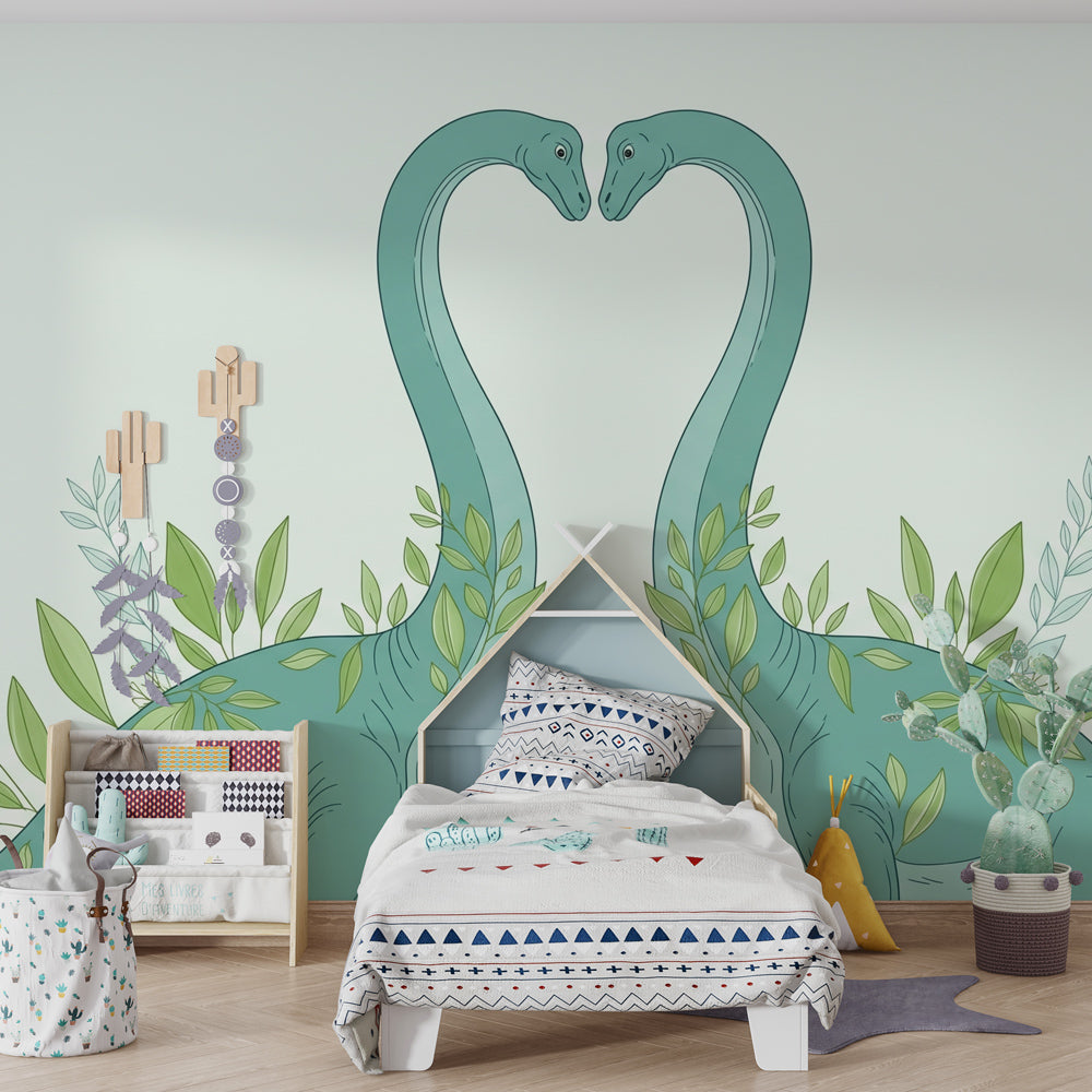Soft dinosaur wallpaper creating peaceful atmosphere in children's bedroom decor