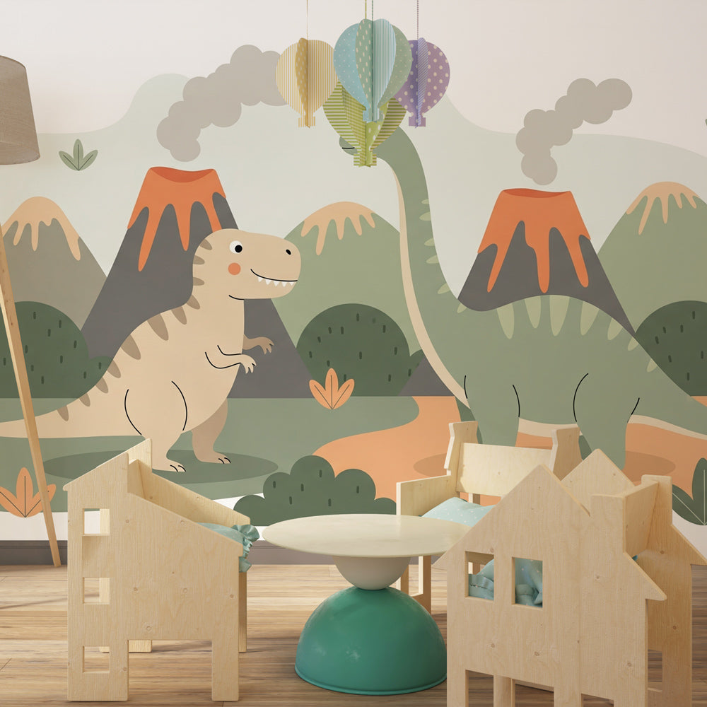 Prehistoric dinosaur wallpaper creating adventure theme in modern toddler bedroom decor