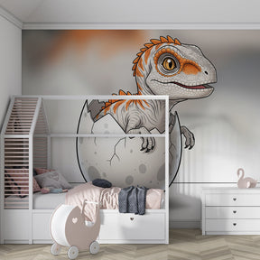 Dinosaur mural wallpaper creating prehistoric themed children's bedroom decor with warm colors