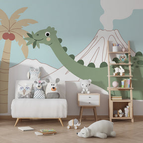 Prehistoric dinosaur wallpaper with volcano and palm trees decorating children's room interior