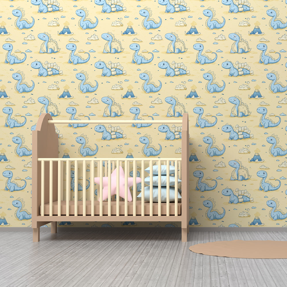 Prehistoric themed mural wallpaper transforming toddler room with friendly dinosaur motifs