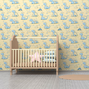 Prehistoric themed mural wallpaper transforming toddler room with friendly dinosaur motifs