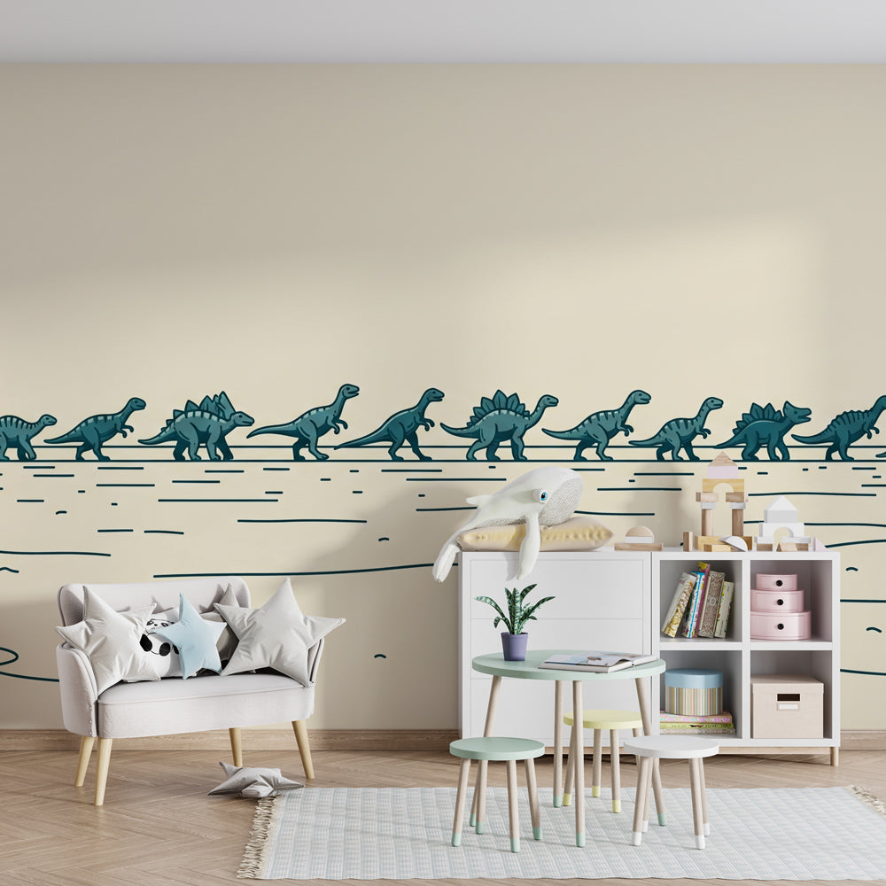 Gentle dinosaur mural wallpaper with soft colors for toddler room decor by Kids-Mundo