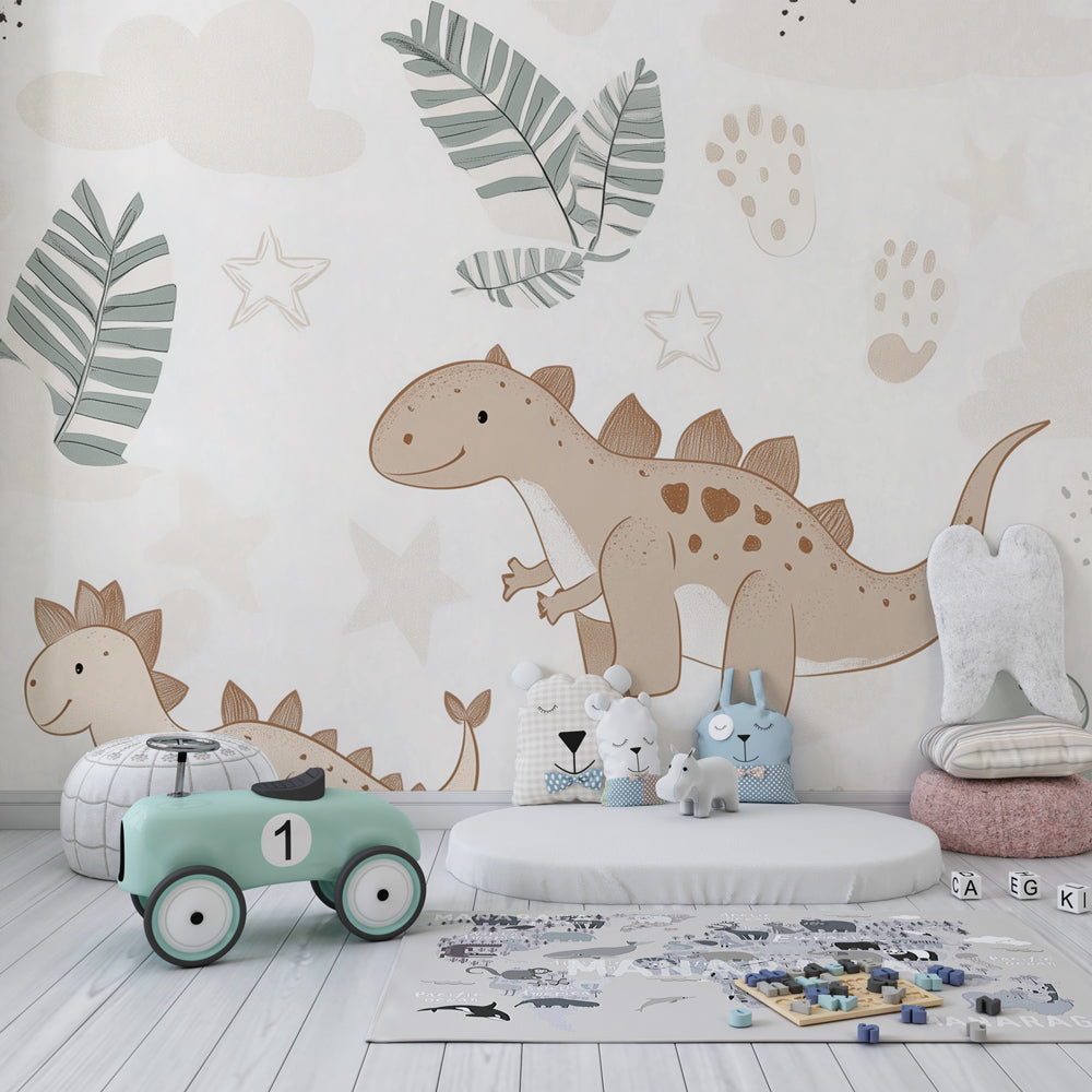 Friendly dinosaur mural wallpaper with garden theme for toddler room decor by Kids-Mundo