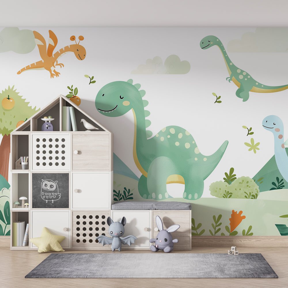 Green dinosaur mural wallpaper inspiring imaginative play in bright toddler room setting