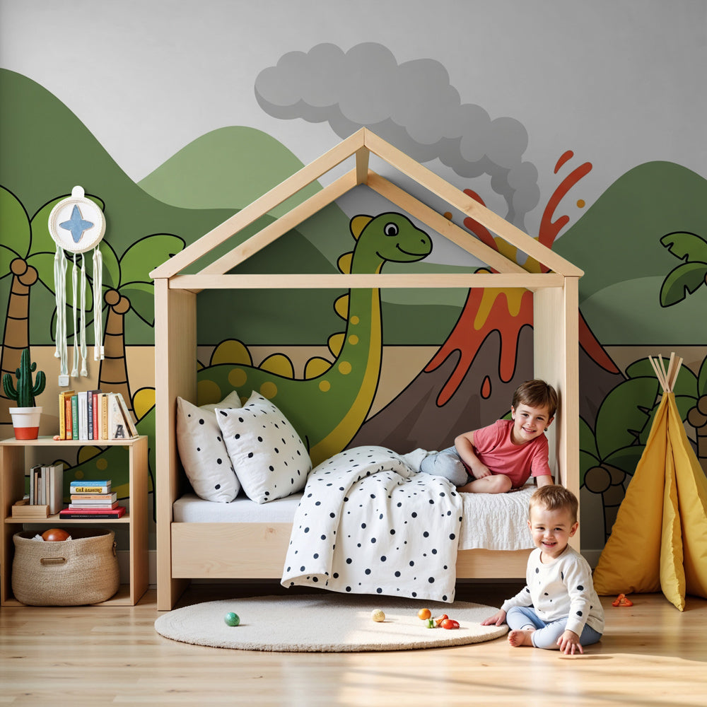 Dinosaur volcano mural wallpaper transforming modern kids bedroom into prehistoric adventure by Kids-Mundo
