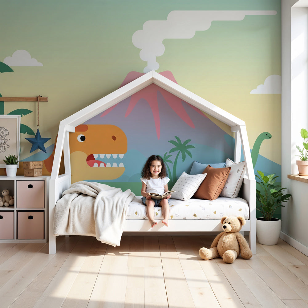 Dinosaur mural wallpaper with volcano sunset creating prehistoric adventure in kids bedroom by Kids-Mundo