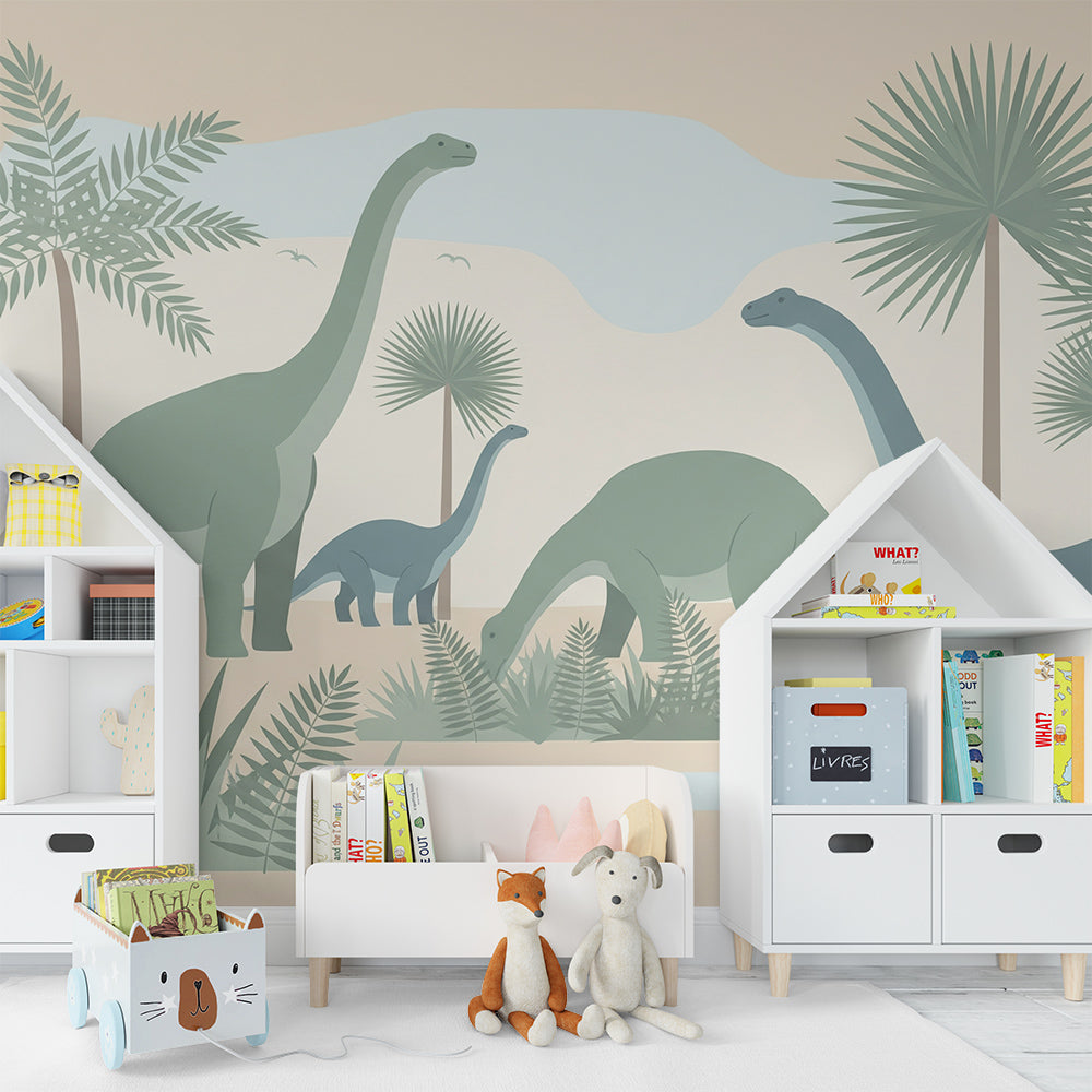 Kids-Mundo dinosaur wall mural covering a feature wall in a boy's kids bedroom setting