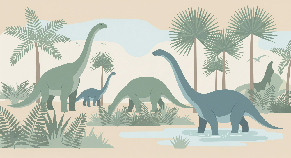 Gentle Dinosaurs in a Prehistoric Landscape Wall Mural