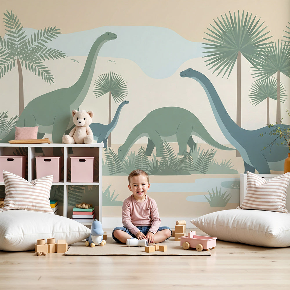 Kids-Mundo dinosaur wall mural in a nursery with a cot and soft prehistoric landscape backdrop