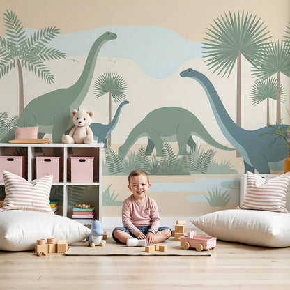 Kids-Mundo dinosaur wall mural in a nursery with a cot and soft prehistoric landscape backdrop