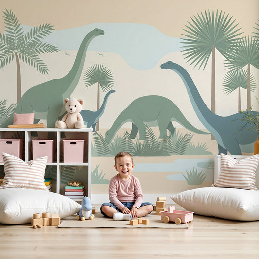 Kids-Mundo dinosaur wall mural in a nursery with a cot and soft prehistoric landscape backdrop