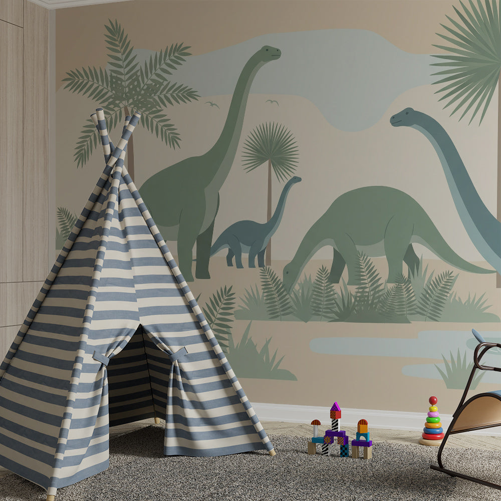 Kids-Mundo dinosaur wall mural on a wall in a playroom filled with toys and cushions