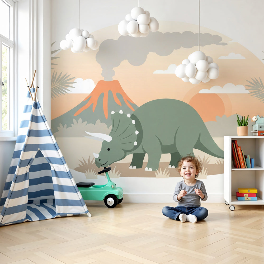 Dinosaur triceratops mural wallpaper creating prehistoric adventure theme in modern kids bedroom by Kids-Mundo