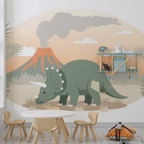 Tropical dinosaur themed mural wallpaper transforming children's playroom into prehistoric world