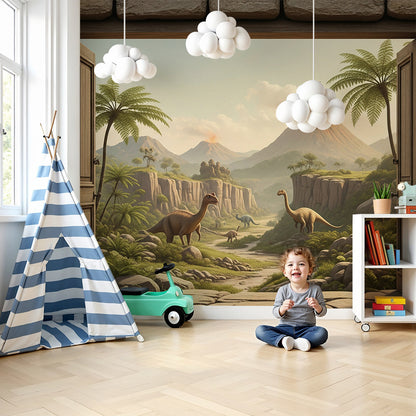 Kids-Mundo dinosaur valley stone doorway wall mural styled in an adventure-themed nursery