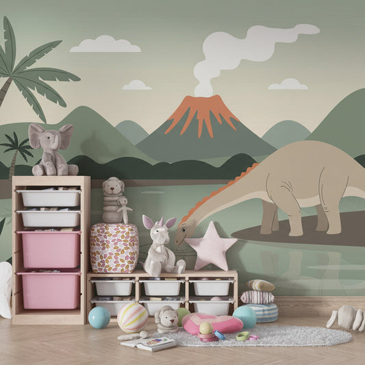 Kids-Mundo prehistoric dinosaur wall mural on a feature wall in a child's bedroom