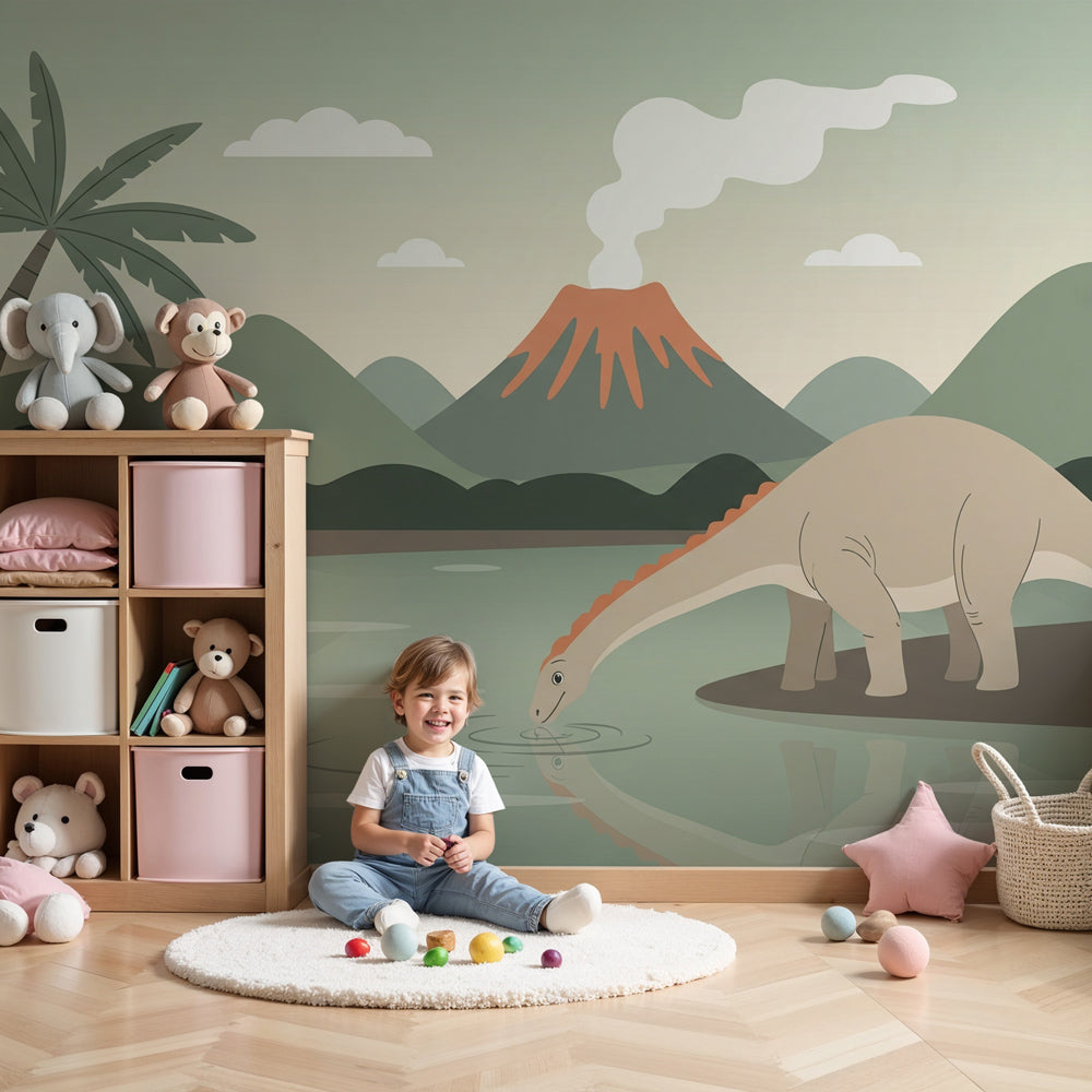 Kids-Mundo dinosaur and volcano wall mural styled in a calm nature-themed nursery