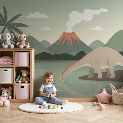 Kids-Mundo dinosaur and volcano wall mural styled in a calm nature-themed nursery