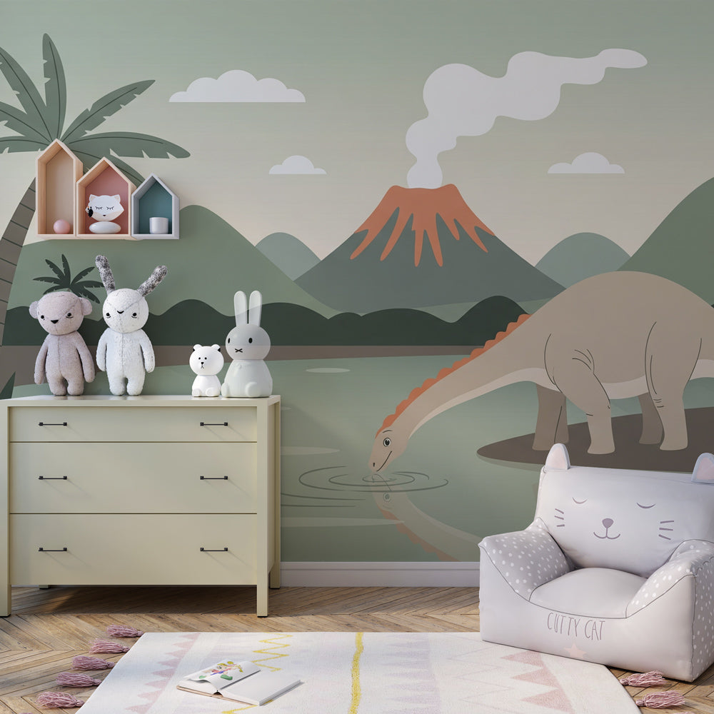 Kids-Mundo dinosaur volcano landscape mural decorating a playroom wall