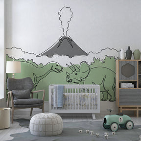 Prehistoric dinosaur wallpaper creating adventurous kids bedroom decor with green volcanic landscape
