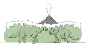Detailed dinosaur volcano mural wallpaper design pattern with brontosaurus and triceratops by Kids-Mundo